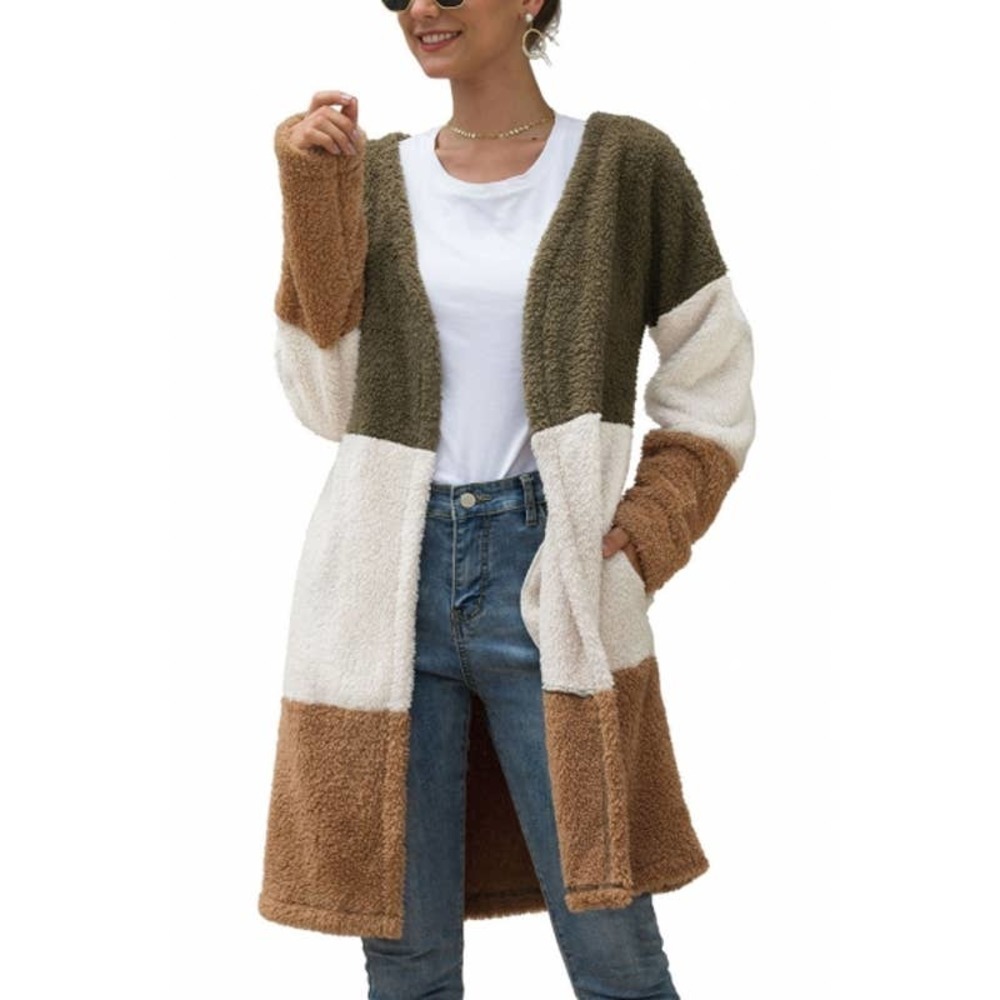 Anna-Kaci Long Green Brown And White Colorblock Teddy Cardigan